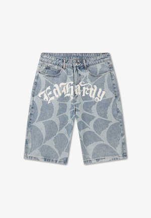 Denim shorts with light spiderweb pattern and white Gothic-style text "Ed Hardy" across the front thighs, featuring pockets and belt loops.