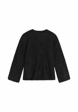 Svart, långärmad tröja med rund halsringning, tillverkad av ett texturerat, fluffigt material. Har en avslappnad, boxig passform och inga synliga knäppningar.