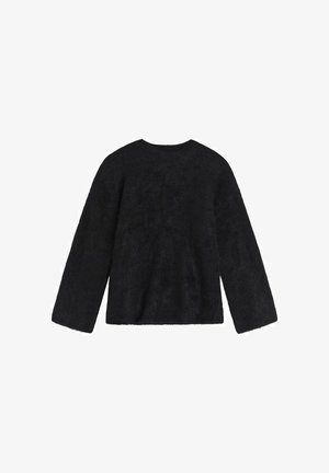 Svart, långärmad tröja med rund halsringning, tillverkad av ett texturerat, fluffigt material. Har en avslappnad, boxig passform och inga synliga knäppningar.