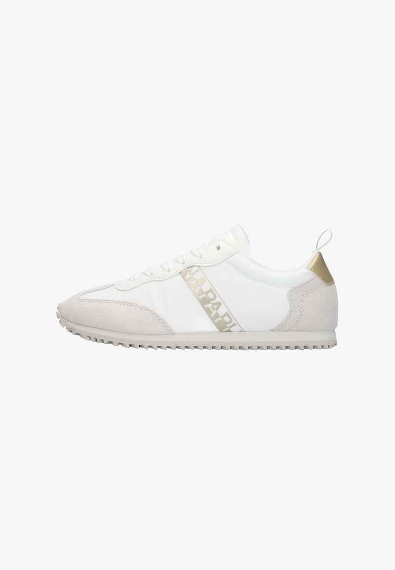 White sneaker with beige suede accents. Features a gold logo stripe, lace-up front, and textured rubber sole. Slightly curved toe design.
