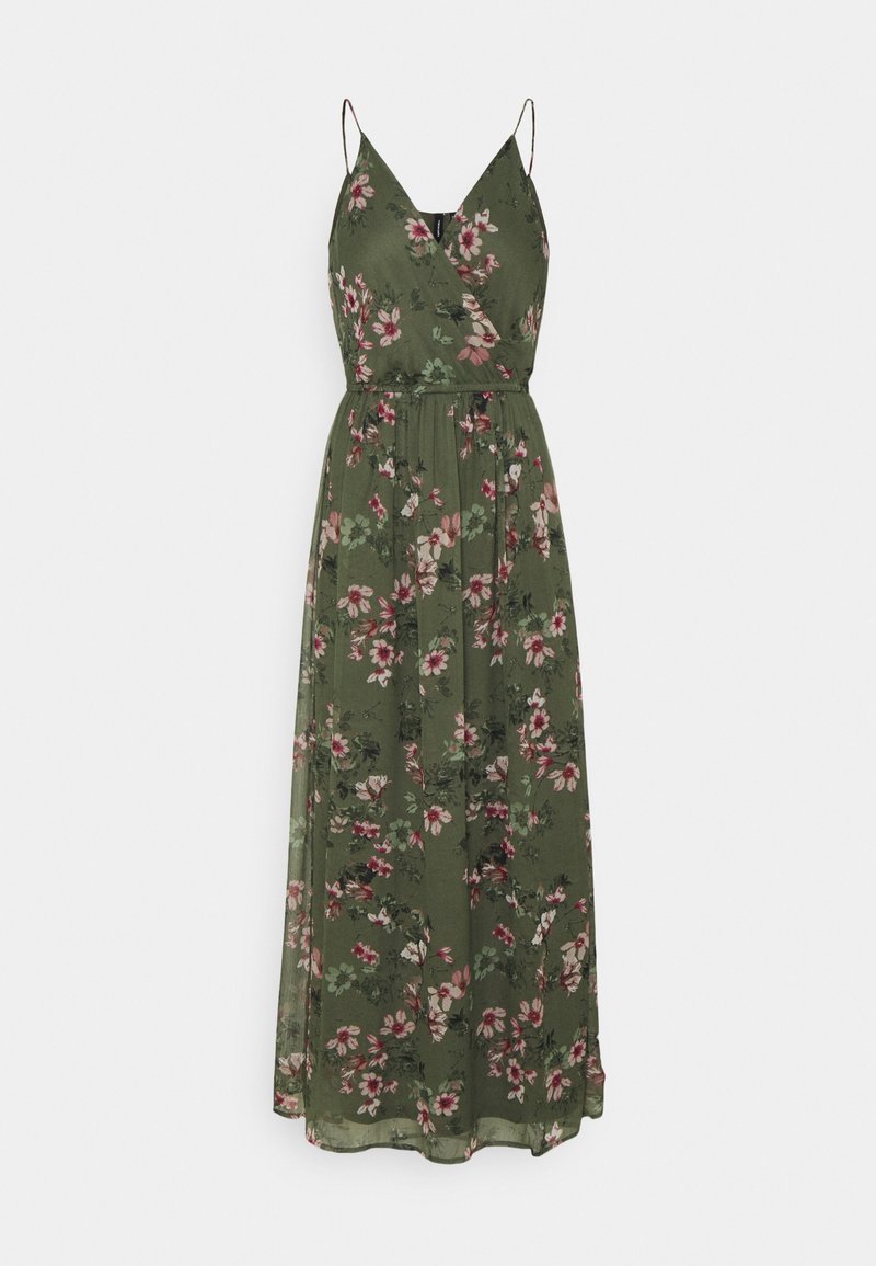Blommig maxiklänning i olivgrön tyg med tunna band, omlott framtill och tight midja. Har rosa och vita blommönster över hela.