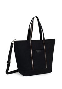 Borsa a spalla nera in canvas con accenti metallici dorati. Presenta due manici superiori, una tracolla rimovibile e una tasca frontale.