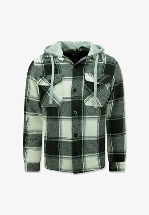 Geruit flanellen overhemd met een grijze capuchon. Zwart-wit patroon, lange mouwen, knoopsluiting aan de voorkant, twee borstzakken en een zachte textuur.