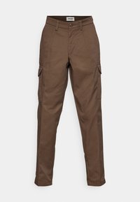 Brown cargo pants featuring a flat front, two side pockets, and a single cargo pocket on the left leg. Made of durable fabric with a straight leg design.