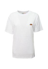 Maglietta bianca in cotone con maniche corte e colletto tondo. Presenta un piccolo logo ricamato colorato sul petto.