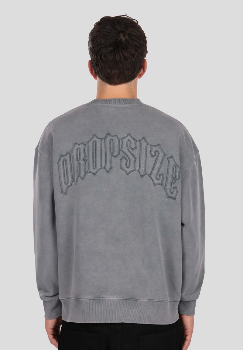 Gray sweatshirt with ribbed cuffs and hem, featuring "DROPSIZE" in textured lettering on the back. Made of soft, lightweight material.