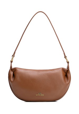 Braune Leder-Umhängetasche mit geschwungener Form und einem einzelnen Träger, mit kleinem goldenem Wittchen-Logo in der Mitte vorne.