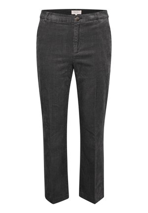 Pantalons en velours côtelé noir avec une texture à côtes verticales, design à jambe droite, fermeture à bouton à l'avant et passants de ceinture, offrant une silhouette classique.