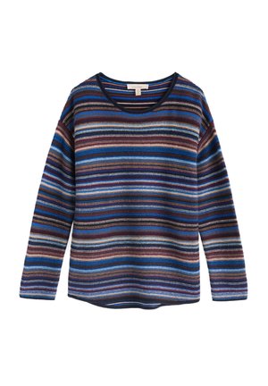 Pulover cu mânecă lungă, cu dungi, dintr-un material moale. Prezintă dungi multicolore în nuanțe de albastru, burgundy și crem, cu un guler rotund.