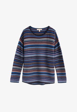 Pull rayé à manches longues en tissu doux. Présente des rayures multicolores en bleu, bordeaux et crème avec un col arrondi.