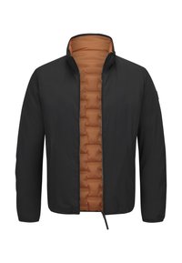 Leichte schwarze Jacke mit orangefarbigem gepolstertem Innenfutter, aufstellbarem Kragen, Reißverschluss und Seitentaschen, ausgestattet mit glattem Stoff und minimalistischem Design.