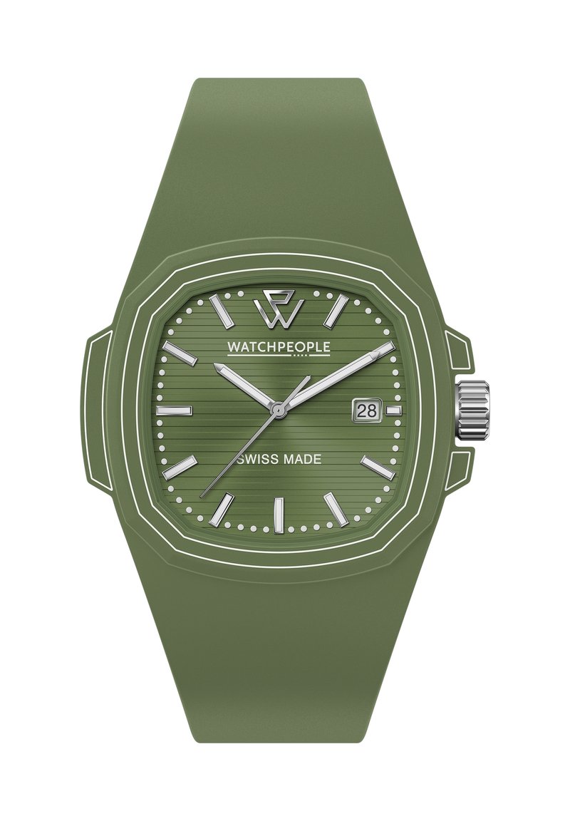 Reloj de goma verde con caja octagonal, esfera texturizada, acentos plateados, función de fecha y etiqueta "SWISS MADE". Diseño minimalista.