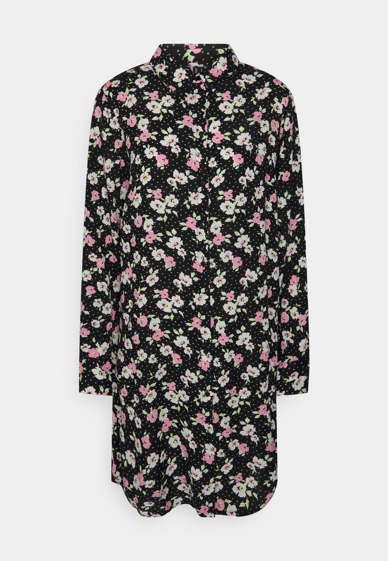 Camisa preta com flores de mangas longas, apresentando flores rosas e brancas sobre um fundo preto, padrão pontilhado subtil e colarinho.