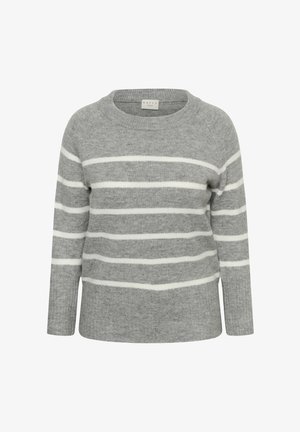 Siv pulover z belimi vodoravnimi črtami, okrogel izrez in dolgi rokavi. Mehek teksturiran material, lahka tkanina in rebrasti robovi.
