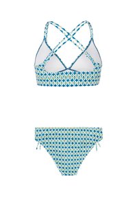 Bikini set u plavoj i bijeloj boji s geometrijskim uzorcima. Gornji dio ima dizajn s preklopom na leđima; donji dio ima podesive bočne vezice.