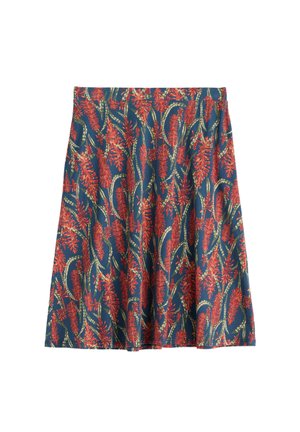 Wijde rok tot net over de knieën met een blauwe achtergrond en rood bloemmotief met groene stelen en bladeren.