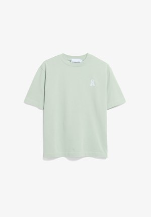 T-shirt unisexe vert clair à manches courtes avec col rond et petit logo blanc sur le côté gauche de la poitrine, sur fond blanc.