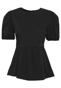 Blouse noire à manches courtes bouffantes, col rond, et ourlet à volants froncé à la taille.