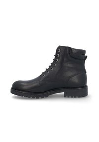 Bottine en cuir noir avec finition texturée, design à lacets, œillets en métal et semelle épaisse en caoutchouc pour une meilleure adhérence et durabilité.