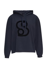 Sweat-shirt à capuche bleu marine avec des manches longues, ornée d'un logo "8" noir texturé à l'avant et de poignets côtelés. Tissu doux, coupe décontractée.