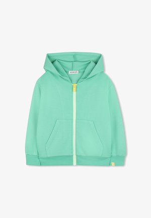 Vaikiškas kaklaraiščiu užsegamas su gobtuvu džemperis žalsvos mėtos spalvos su geltonu užtrauktuko patraukimu ir priekinių kišenių, atvaizduotas ant baltos fono.