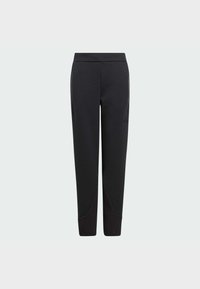 Pantalons de sport noirs avec une texture lisse, présentant un design de jambe fuselée, une taille élastique et des panneaux latéraux sombres contrastants.
