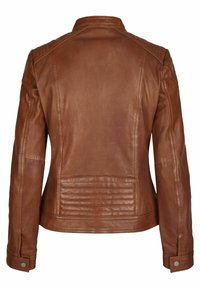 Braune Lederjacke mit einer taillierten Passform. Sie verfügt über einen Stehkragen, gerippte Akzente an Schultern und Rücken sowie Druckknopfdetails an den Bündchen.