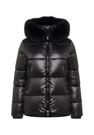 Giacca a vento nera con finitura lucida, caratterizzata da un cappuccio in pelliccia nera rimovibile, chiusura frontale con zip e tasche laterali. Design trapuntato in tutto.