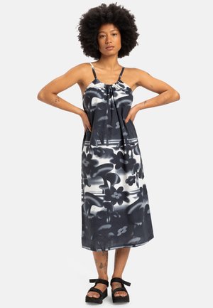 Ärmelloses, knielanges Kleid aus gemustertem dunkelblauen und hellgrauen Stoff. Verfügt über einen gerafften Ausschnitt und verstellbare Träger. Strukturiertes Blumenmuster.