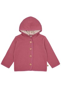 Rosa, strukturiertete Kapuzenjacke mit Holzknöpfen und einer blumigen Innenausstattung. Entworfen mit langen Ärmeln und einer Frontschließe.
