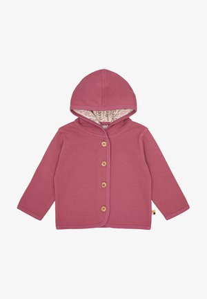 Giacca a vento rosa, texture unica, con cappuccio e bottoni in legno, foderata con motivo floreale. Progettata con maniche lunghe e chiusura anteriore.