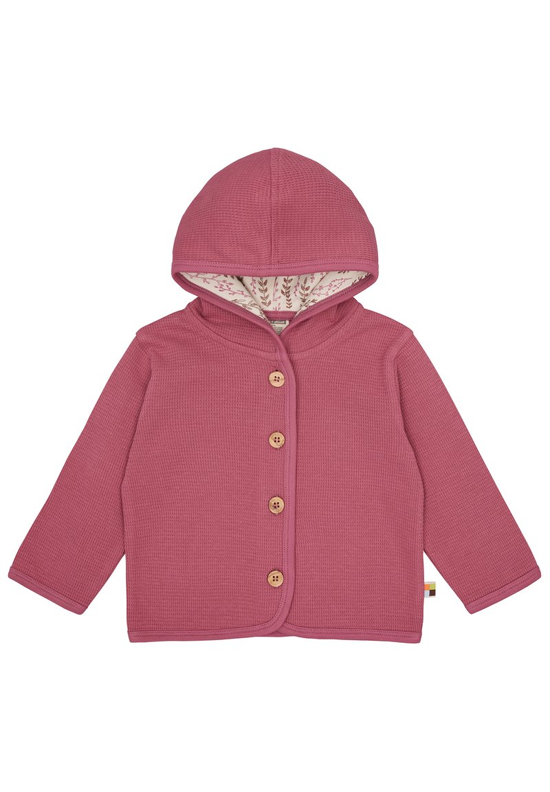Rosa, strukturiertete Kapuzenjacke mit Holzknöpfen und einer blumigen Innenausstattung. Entworfen mit langen Ärmeln und einer Frontschließe.
