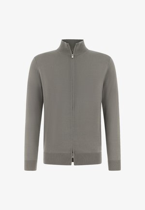 Hall hall täislukuga kootud kampsun koos soonikkoega krae, mansettide ja alaäärega, esitatud valgel taustal.