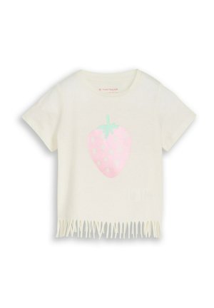 Cream short-sleeve shirt with fringe hem, featuring a large pastel pink strawberry with green leaves on the front.