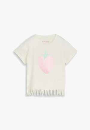 Cremafarbenes Kurzarmhemd mit Fransen am Saum, mit einer großen pastellrosa Erdbeere mit grünen Blättern vorne.