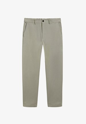 Light gray straight-leg trousers with side pockets, belt loops, button closure, and slim waistband against white background.