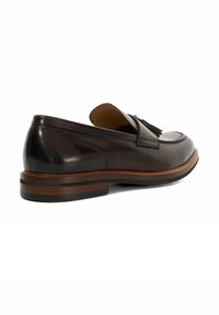 Brown leather loafers with a stitched moccasin toe, decorative tassels, and a stacked wooden heel. Smooth texture with subtle shine.