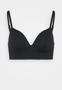 Black bra with a V-neck design, thin adjustable straps, seamless cups, and a smooth texture. No visible hardware or patterns.