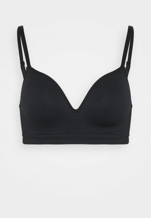 Black bra with a V-neck design, thin adjustable straps, seamless cups, and a smooth texture. No visible hardware or patterns.