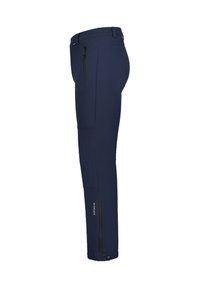 Navy blue outdoor pants with a slim fit, elastic waistband, sleek design, zippered pockets, and reinforced stitching detail.