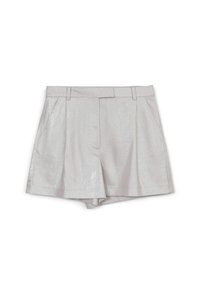 Helle graue Shorts aus glänzendem Stoff mit leicht strukturierten Oberflächen, ausgestattet mit zwei Frontfalten und seitlichen Taschen.