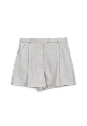 Light gray shorts made of shiny fabric with a slightly textured surface, featuring two front pleats and side pockets.