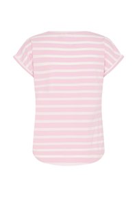 Růžovo-bílé pruhované tričko s krátkým rukávem a zaobleným lemem, zobrazené zezadu na bílém pozadí.