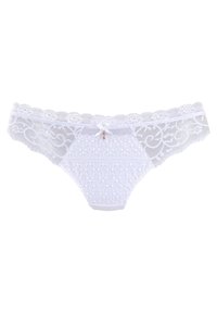 Weiße Spitzenstrings mit floralem Muster, halbtransparenten Einsätzen und einem kleinen Schleifendetail in der Mitte vorne. Fügen zarte Akzente zum Design hinzu.