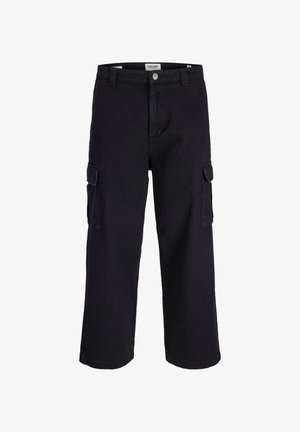 Mustad mustadest kangast cargo-püksid, sirge lõikega, kahe küljetasku ja nupuga kinnitusega vööl.