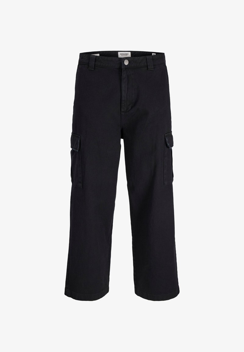 Μαύρο cargo παντελόνι από ανθεκτικό ύφασμα, με ίσια γραμμή, δύο πλαϊνές τσέπες και κουμπί στη μέση.