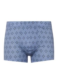 Blauw gestippelde boxershort met een geometrisch ontwerp en contrasterende blauwe, witte en gele accenten. Zachte stof met een aansluitende pasvorm.