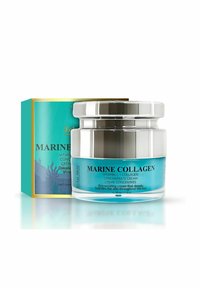 Krem z kolagenem morskim w przezroczystym słoiczku z srebrną pokrywką. Jasnoniebieska formuła, zaprezentowana w turkusowym pudełku z złotymi akcentami.