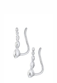 Gli orecchini con gancio d'argento presentano forme morbide e arrotondate con tre accenti a forma di perla che conducono a un dettaglio appuntito simile a un diamante nella parte inferiore.