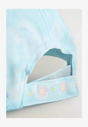 Hele sinine müts, millel on seotud värvid, ja roosa, hele sinine ja kollane lilledega äär. Tagaküljel reguleeritav rihm.